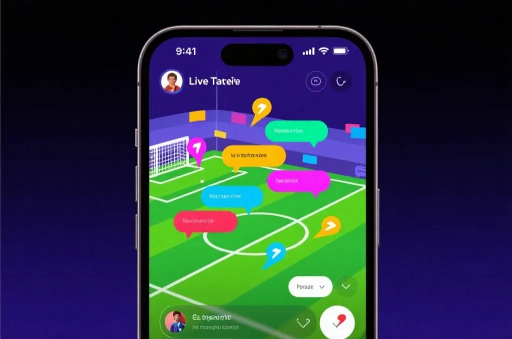 A smartphone screen displaying a live sports broadcast interface with energetic colorful bullet comments floating over a generic soccer pitch illustration, vibrant and modern design